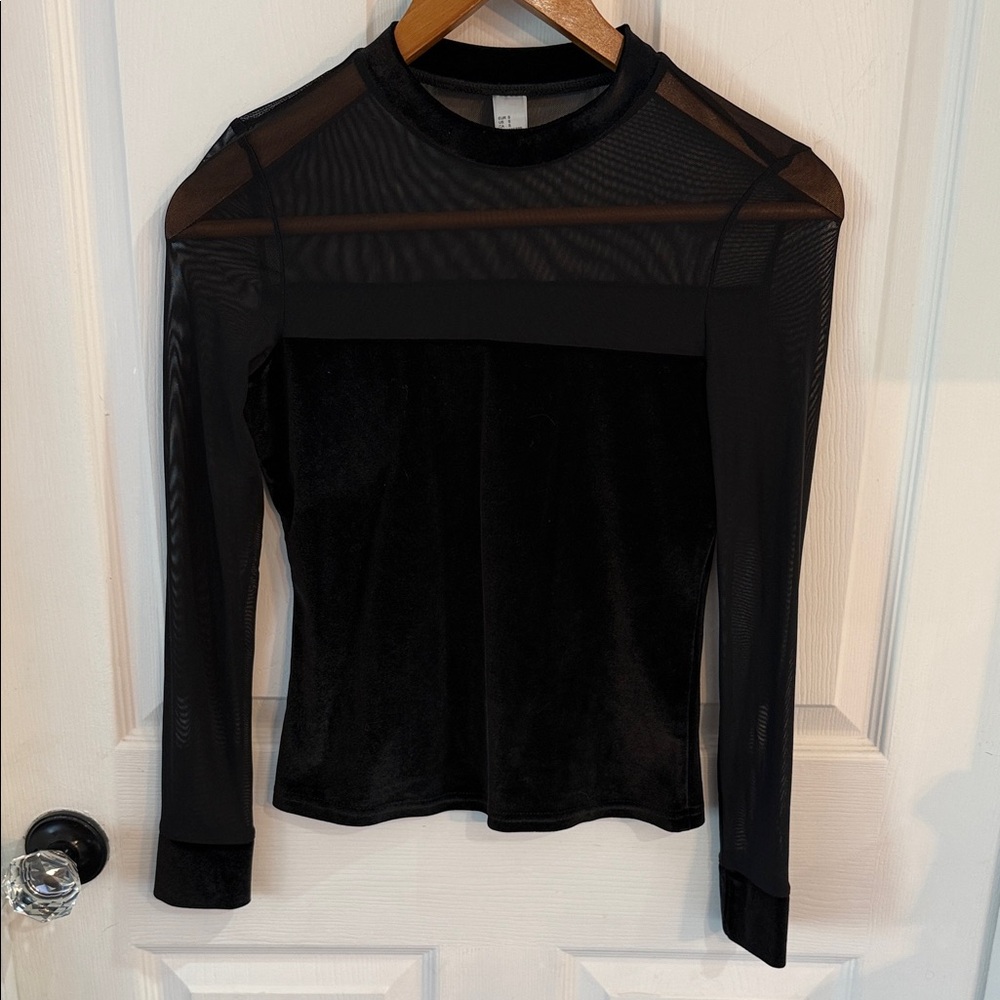 Black Sheer Mesh and Velvet Long-Sleeve Top